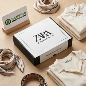 Boîte d'emballage en papier rectangulaire noire et blanche ZARA avec texte imprimé, adaptée pour l'emballage de vêtements ou de cadeaux, service OEM/ODM disponible