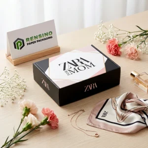 Boîte d'emballage en papier rectangulaire noire et rose ZARA avec motif géométrique, adaptée pour les cadeaux ou l'emballage de détail, service OEM/ODM disponible