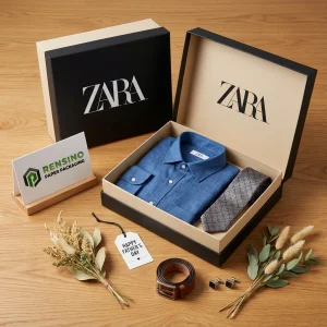 Boîte cadeau rigide en papier noire et beige ZARA avec branding clair, adaptée pour l'emballage de vêtements ou de cadeaux, service OEM/ODM disponible