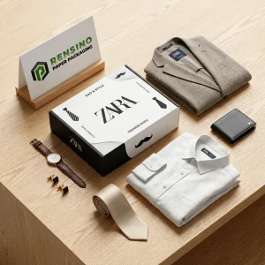 ZARAの黒と白の印刷されたペーパーパッケージボックス、タイとひげのイメージがあり、アパレルまたは小売包装に適しており、OEM/ODMサービスが利用可能
