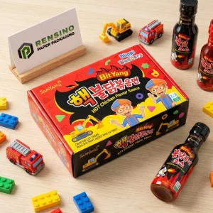 Caja de empaque de papel roja con diseño de dibujos animados y vehículos de construcción, impresión personalizable disponible