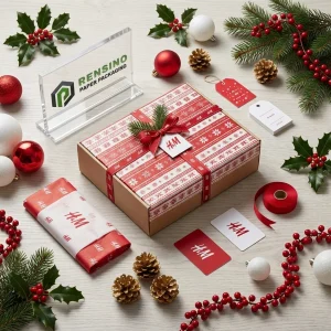 Scatola regalo rossa con motivo di fiocchi di neve e nastro, adatta per regali natalizi, design personalizzato disponibile