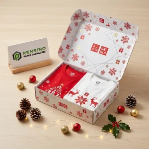 Scatola regalo bianca e rossa con motivo natalizio, adatta per imballaggio festivo, design personalizzato disponibile