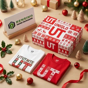 Scatola regalo rossa e bianca con motivo natalizio, adatta per imballaggio festivo, design personalizzato disponibile