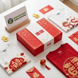 UNIQLO Caixa de Presente de Papel Rígido Vermelha com Padrão de Dragão e Lanterna, Adequada para Embalagem de Presente ou Varejo, Serviço OEM/ODM Disponível