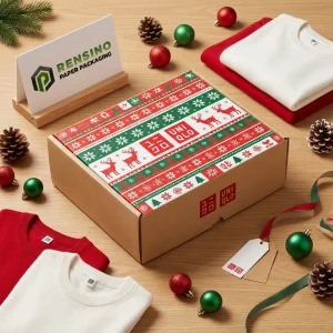 Scatola di carta con motivo natalizio rosso e verde, adatta per confezioni regalo e esposizione al dettaglio, personalizzabile con logo