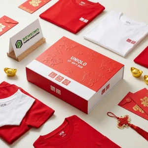 Caixa de presente de papel retangular em vermelho e branco da UNIQLO com padrão em relevo de animal do zodíaco, adequada para embalagem de presente ou varejo, impressão de logotipo personalizada disponível