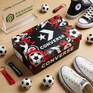 صندوق حذاء ورقي مستطيل أسود وأحمر مطبوع من CONVERSE بنمط كرة القدم، مناسب للأحذية أو التغليف للبيع بالتجزئة، خدمة OEM/ODM متاحة