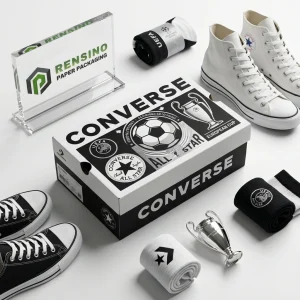 صندوق حذاء ورقي مستطيل أسود وأبيض من CONVERSE بطباعة ذات طابع رياضي، مناسب للأحذية أو التغليف للبيع بالتجزئة، خدمة OEM/ODM متاحة