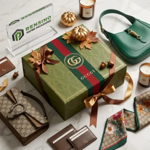 Scatola regalo in carta stampata verde con nastro e motivo a foglia, adatta per confezioni regalo o al dettaglio, stampa logo personalizzata disponibile