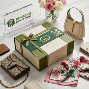 Scatola regalo di carta rettangolare verde e bianca con motivo floreale e nastro, adatta per imballaggio regalo o al dettaglio, stampa logo personalizzata disponibile