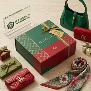 Scatola regalo rigida verde e rossa con motivo floreale e design ispirato al marchio, adatta per imballaggio regalo o al dettaglio, servizio OEM/ODM disponibile