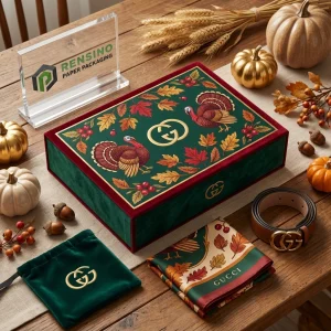 Scatola Regalo di Carta Rettangolare Verde e Rossa con Illustrazione di Tacchino e Foglia, Adatta per Imballaggio di Regali o al Dettaglio, Servizio OEM/ODM Disponibile
