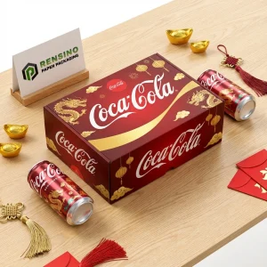 Red Paper Gift Box with Coca-Cola Branding and Dragon Pattern, Suitable for Gift or Retail Packaging