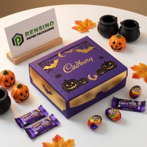 Caixa de Papel Quadrada Roxa com Padrão de Halloween e Folha Dourada, Impressão de Logo Personalizado Disponível