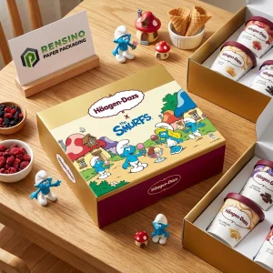 Caixa de presente de papel colorida com padrão dos Smurfs, adequada para embalagem de doces ou brinquedos, design personalizado disponível