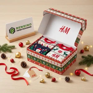 Scatola regalo di Natale rossa e verde con motivo di renna e fiocchi di neve, adatta per regali festivi, design personalizzato disponibile