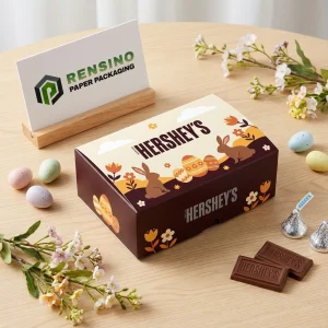 Braune und cremefarbene Papiergeschenkbox mit Osterei- und Hasenmuster, individuelle Logodruckoptionen verfügbar