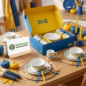 नीला और पीला IKEA उपहार बॉक्स जिसमें बर्तन हैं, कस्टम डिज़ाइन उपलब्ध