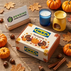 White Paper Gift Box with Thanksgiving Pumpkin and Turkey Illustration, Suitable for Retail or Gift Packaging