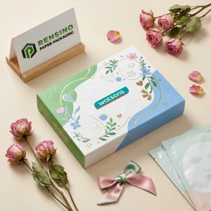Caixa de Papel Retangular Impressa em Verde e Azul da Watsons com Imagens Florais e de Máscara Facial, Adequada para Embalagem de Presentes ou Cosméticos, Serviço OEM/ODM Disponível