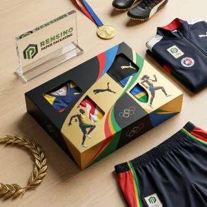 Black and Gold Printed Paper Packaging Box with Athlete Imagery and Olympic Rings, Suitable for Apparel or Retail Packaging, OEM/ODM Service Available