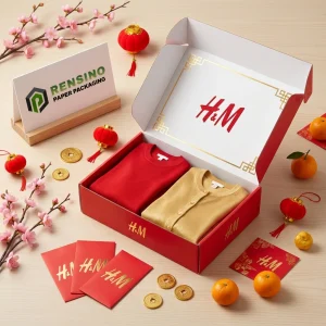 H&M लाल पेपर पैकेजिंग बॉक्स सोने के लोगो और सजावटी सीमा के साथ, वस्त्र या उपहार पैकेजिंग के लिए उपयुक्त, OEM/ODM सेवा उपलब्ध
