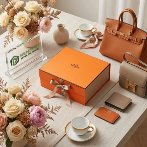 HERMÈS नारंगी और बेज ड्रॉअर-स्टाइल पेपर बॉक्स जिसमें रिबन है, उपहार या रिटेल पैकेजिंग के लिए उपयुक्त, OEM/ODM सेवा उपलब्ध है