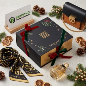 Givenchy Black and Gold Rigid Paper Gift Box with Holiday Ribbon and Botanical Pattern, Suitable for Gift or Retail Packaging, OEM/ODM Service Available