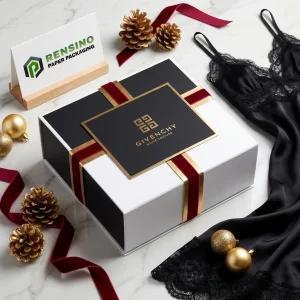 GIVENCHY Black and White Rigid Paper Gift Box with Red and Gold Ribbon Decoration, Suitable for Gift or Retail Packaging, OEM/ODM Service Available