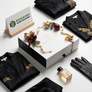 Caixa de presente de papel rígido branca e preta com logotipo em foil dourado e decoração de fita, adequada para embalagem de presente ou varejo, serviço OEM/ODM disponível