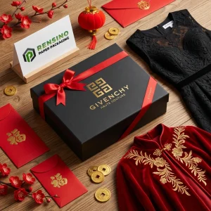 Scatola regalo rigida di carta nera Givenchy con decorazione in nastro rosso, adatta per imballaggio regalo o al dettaglio, stampa logo personalizzata disponibile