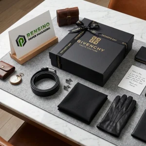 Scatola regalo rigida nera GIVENCHY con logo dorato e nastro, adatta per imballaggio regalo, servizio OEM/ODM disponibile