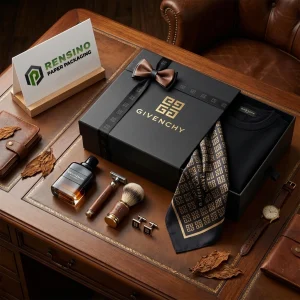 Scatola regalo in carta rigida nera GIVENCHY con logo dorato e nastro, adatta per confezioni regalo o al dettaglio, servizio OEM/ODM disponibile