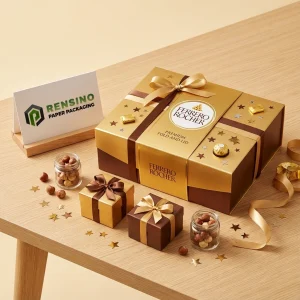 Gold and Brown Foldable Paper Gift Box with Ribbon and Star Pattern, Custom Logo Printing Available