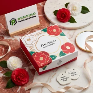 SHISEIDO Scatola regalo in carta stampata floreale rossa e bianca con tema della Festa della Mamma, adatta per confezioni regalo o al dettaglio, stampa logo personalizzata disponibile