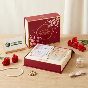 Scatola Regalo Rigida in Carta Rossa SHISEIDO con Motivo Floreale, Adatta per Imballaggio Regalo o Cosmetico, Servizio OEM/ODM Disponibile