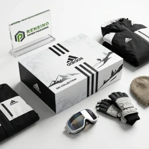 Adidas Black and White Rectangular Paper Packaging Box with Mountain and Ski Imagery, Suitable for Gift or Retail Packaging, OEM/ODM Service Available