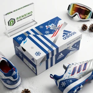 Adidas Blue and White Rectangular Paper Shoe Box with Winter Sports Illustration, Suitable for Retail or Gift Packaging, OEM/ODM Service Available