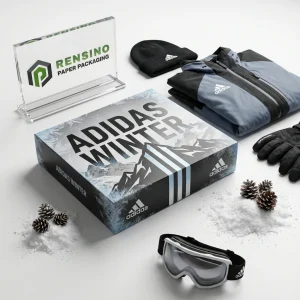 ADIDAS Black and Blue Printed Paper Packaging Box with Winter Mountain Imagery, Suitable for Apparel or Retail Packaging, OEM/ODM Service Available