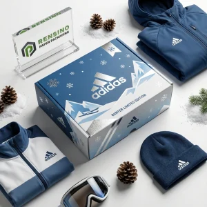 Adidas Blue Paper Packaging Box with Winter and Snowflake Pattern, Suitable for Apparel or Retail Packaging, OEM/ODM Service Available