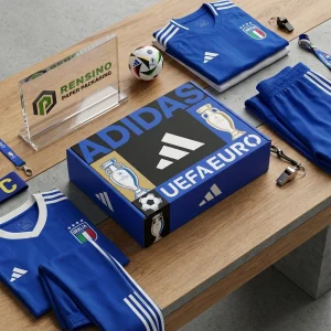 ADIDAS Blue Printed Paper Packaging Box with UEFA EURO Trophy and Soccer Ball Imagery, Suitable for Retail or Gift Packaging, OEM/ODM Service Available