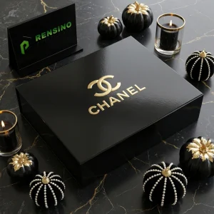 CHANEL Black Rigid Paper Box with Gold Logo Printing, Suitable for Gift or Retail Packaging, Custom Logo Printing Available