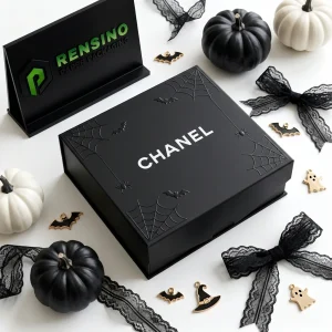 Caja de embalaje de papel cuadrada negra de CHANEL con patrón de telaraña y murciélago, adecuada para embalaje de regalo o venta al por menor, impresión de logo personalizada disponible