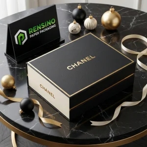 Caja de regalo de papel rígido negro y dorado de CHANEL con impresión de logo, adecuada para empaques de regalo o venta al por menor, impresión de logo personalizada disponible