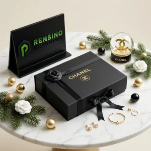 Caja de regalo de papel rígido negro con cinta y decoración floral, adecuada para empaques de regalo o joyería, impresión de logo personalizada disponible
