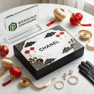 Caja de regalo de papel negro y blanco de CHANEL con patrón de linterna y nube, adecuada para empaques de regalo o venta al por menor, impresión de logo personalizada disponible