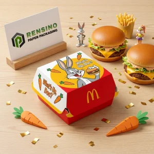 Red and White Paper Burger Box with Cartoon Carrot Design, Custom Printing Available
