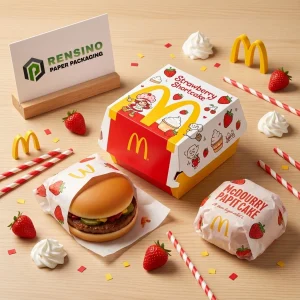 Bunte Papier-Burgerbox und Wrapper mit Erdbeerdesign, maßgeschneiderte Verpackungslösungen