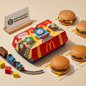 Bunte Papier-Burgerbox mit Cartoon-Zug-Design, benutzerdefinierter Logo-Druck verfügbar